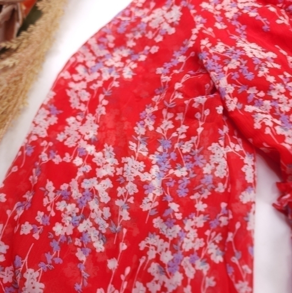 Red Pink Floral Boho Gorgeous Keyhole Back Dress Size M - Picture 11 of 14